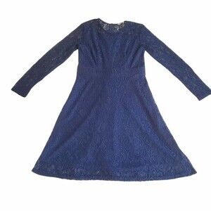 AL'OFA Navy Blue Lace Long Sleeve A-Line Dress sz S